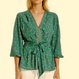 MAX STUDIO BOHO Peplum Silhouette Crepe Blouse w/Sash-tie & 3/4 length Sleeve